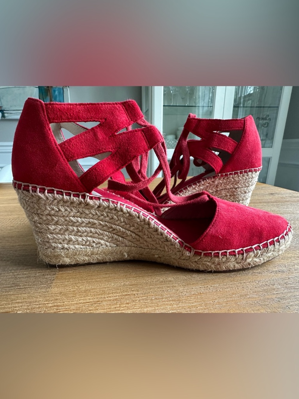 Abeo Dee Red Suede Leather Lace-Up Espadrille Wedges size 9 - 3 Inch heel